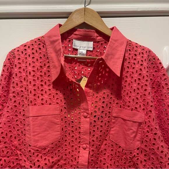 Susan Graver Button Up Shirt Women’s XL Coral Eyelet Cotton Long Sleeves Spring - Picture 3 of 8